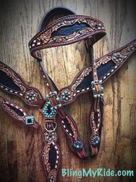 Hand tooled custom inlaid/bling tack set. Black croc and sleeping beauty turquoise!  with broadband headstall.