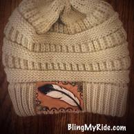 Tan CC Beanie with hand tooled and painted leather feather patch and Sleeping beauty turquoise accents.