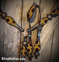 Hand tooled sunflower tack set.. Antique copper hardware with turquoise stones.