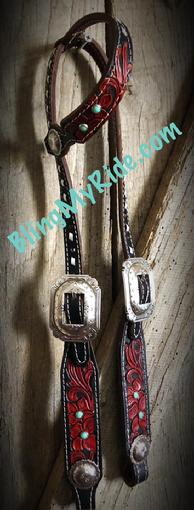 Oxblood floral hand tooled single ear headstall with Antique silver hardware and sleeping beauty turquoise accents.