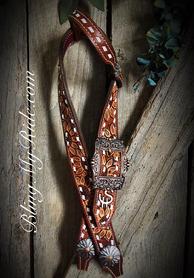 Custom hand tooled sunflower, buckstitched belt style headstall. Buckstitched with upgraded flower conchos.