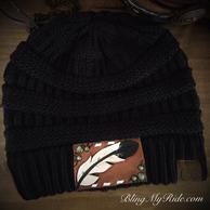 Black CC Beanie with hand tooled and painted feather patch w/ turquoise.