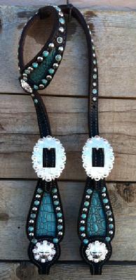 Antique turquoise croc. inlay single ear headstall outlined in silver spots and sleeping beauty turquoise.