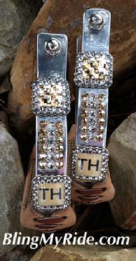 Customized Aluminum barrel stirrups. Your choice of bling colors and initials or brand.