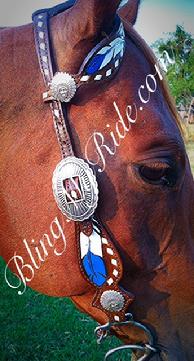 Hand tooled and painted feather single ear headstall.