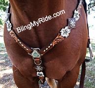 White floral cut out, hand tooled bling breast collar.