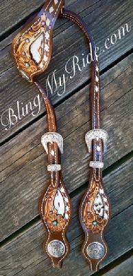 Hand tooled, inlaid and buckstitched single ear headstall with Swarovski crystals.