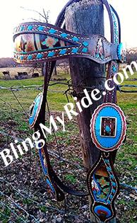 Hand tooled, painted and buckstitched browband headstall w/ custom painted hardware.