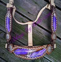 Hand tooled and painted purple feathers bronc style halter.