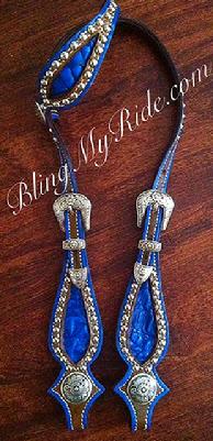 Beautiful blue inlay and outlined single ear headstall.