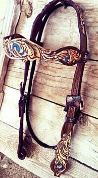 Hand tooled and painted, cut-out  browband,headstall with turquoise accents.
