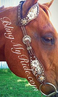 Bling and hand tooled, inlaid headstall with single ear.