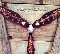 Hand tooled Triple cross breastcollar with Swarovski bling.