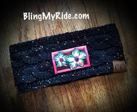Black confetti CC Beanie head band with hand tooled and painted flower patch.
