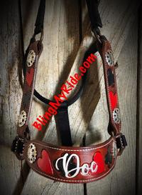 Custom hand tooled and personalized bling bring halter with card suite conchos.