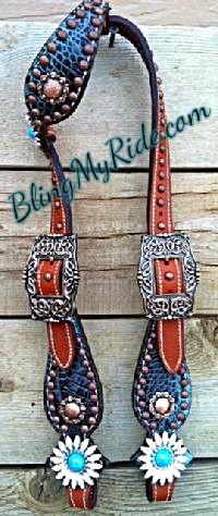 Chocolate/Turquoise croc headstall with daisy conchos.