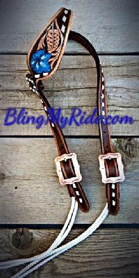 Hand tooled, painted and buckstitched draw gag headstall.