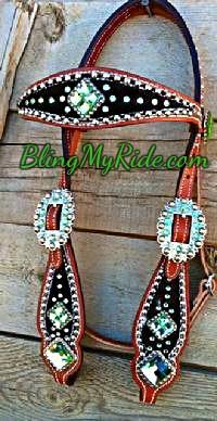Black croc. bling browband headstall with Peridot (green) Swarovskis and sliver spots.
