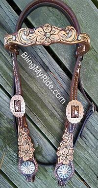 Hand tooled floral and scroll cutout browband headstall. w/ upgraded conchos.