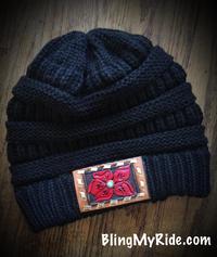 Black CC Beanie with hand tooled and painted flower patch I Oxblood red and gold buckstitch.