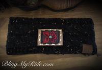 Black CC Beanie head band with hand tooled and painted floral patch in Oxblood red and gold buckstitch.
