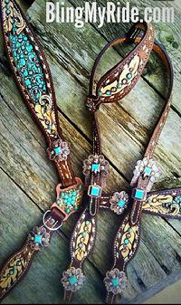Hand tooled, buckstitched and inlaid bling tack set w/ Swarovski crystals