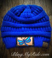 Royal blue CC Beanie with hand tooled and painted dragonfly patch.