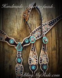 Hand tooled and buckstitched tack set with single ear and vintage style tooling. Accented with sleeping beauty turquoise.