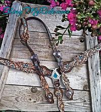 **THE ORIGINAL, Hand tooled scroll cut-out set. Turquoise accents with Golden Shadow Swarovski bling.