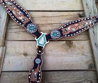 Hand tooled and buckstitched breastcollar with sleeping beauty turquoise on antique silver daisy conchos.
