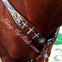 Hand tooled cross breastcollar with turquoise accents and stones.