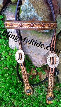 Hand stamped working browband headstall with copper spots and hardware. Light and dark oil finish.