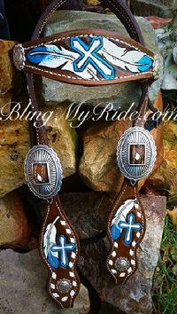 Hand tooled , painted and buckstitched browband headstall. Feather and cross.