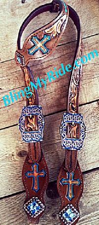 Hand tooled three cross headstall, single ear with turquoise accents.