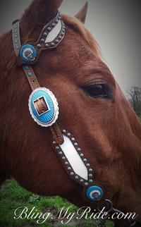 White inlay single ear headstall with custrom painted indian chief hardware, patina'd spots and a touch of buck stitch.