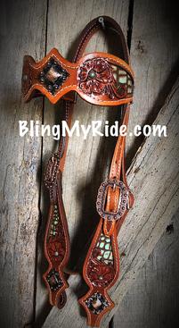Hand tooled floral brow band headstall with seafoam green antique croc inlays and antique copper hardware.