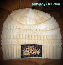 Ivory CC Beanie w/ hand tooled and painted daisy leather patch.
