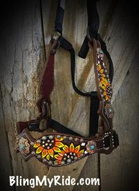 Hand tooled and painted sunflower bone style halters w/ Swarovski crystals,  and patina spots.